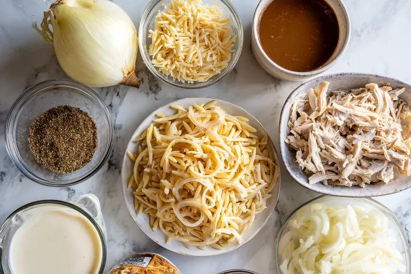 Overhead view of fresh ingredients for chicken alfredo pasta including diced raw chicken breast, grated parmesan cheese in wooden bowl, heavy cream in glass pitcher, fresh garlic cloves, and uncooked penne pasta on white marble surface