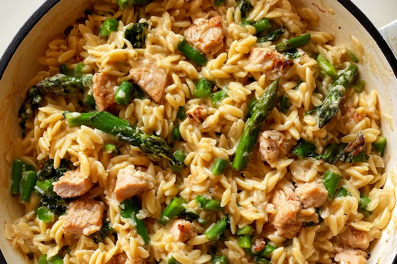 A chef stirring creamy orzo and chicken in a large skillet