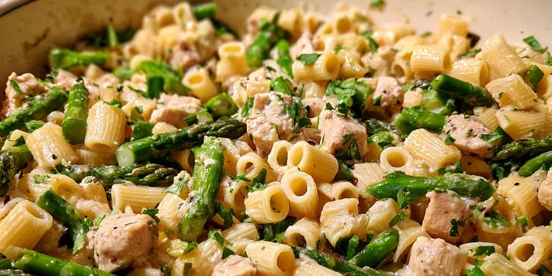 Delicious Creamy Chicken and Asparagus Orzo Skillet served in a rustic pan with fresh herbs