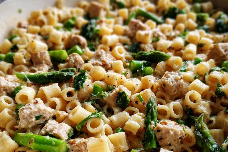 Fresh chicken, asparagus, orzo, and herbs laid out for cooking the creamy skillet