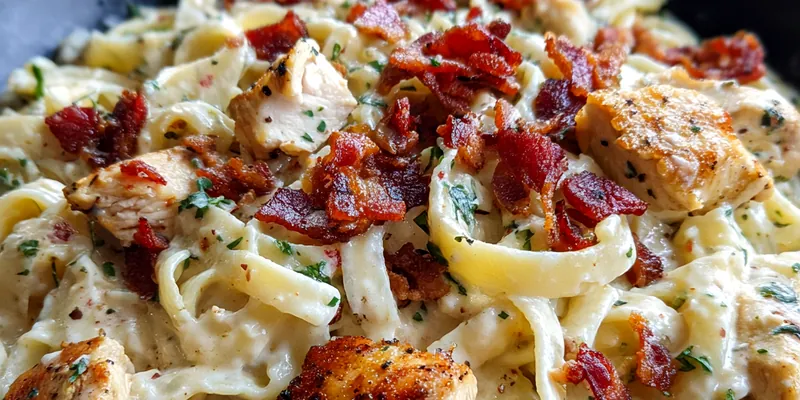 Delicious Creamy Chicken Bacon Pasta served on a plate