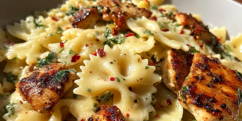 Delicious Creamy Chicken Bowtie Pasta served on a plate