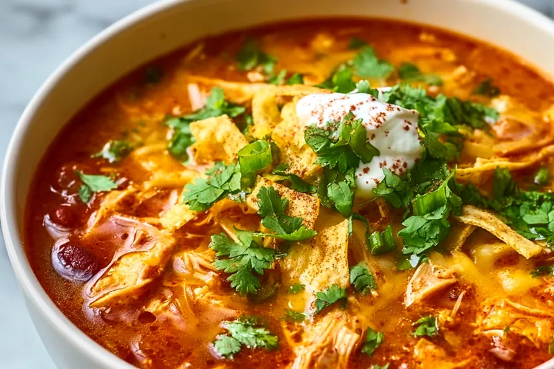Action shot of wooden spoon stirring creamy orange-red enchilada soup in a stainless steel pot on the stovetop, with visible shredded chicken, beans, and melted cheese creating swirls in the broth