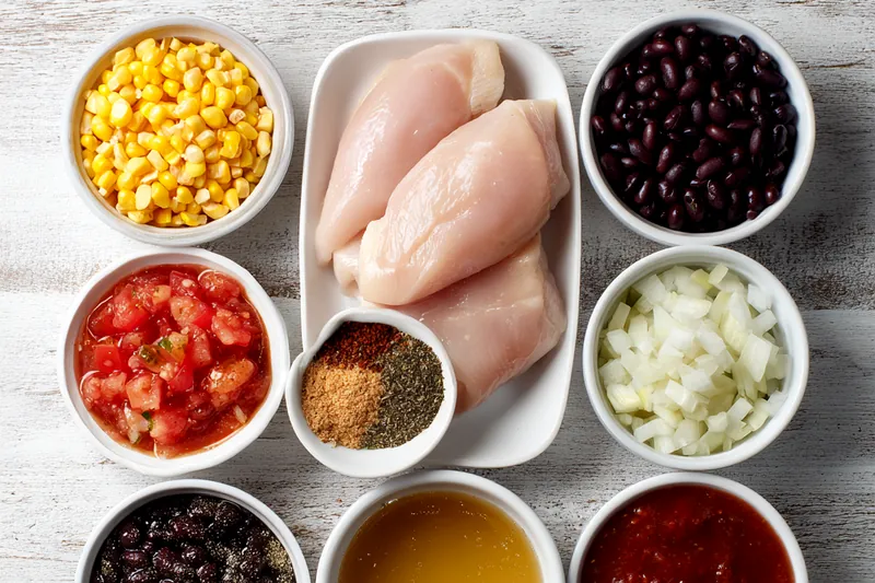 Top-down view of recipe ingredients arranged on a white marble surface including diced chicken, red enchilada sauce in a bowl, shredded cheese, black beans, corn, diced peppers and onions, with fresh cilantro and spices in small bowls