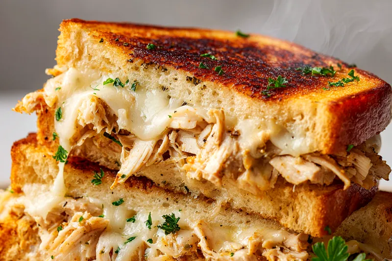 Organized flat lay of chicken garlic sandwich ingredients including raw chicken breasts, butter, fresh garlic cloves, shredded mozzarella, fresh parsley, bread slices, and small bowls of spices on white marble surface