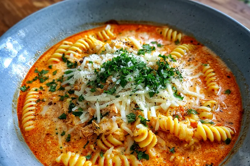 A pot of Creamy Chicken Parmesan Soup simmering on the stove, filled with chicken and herbs.