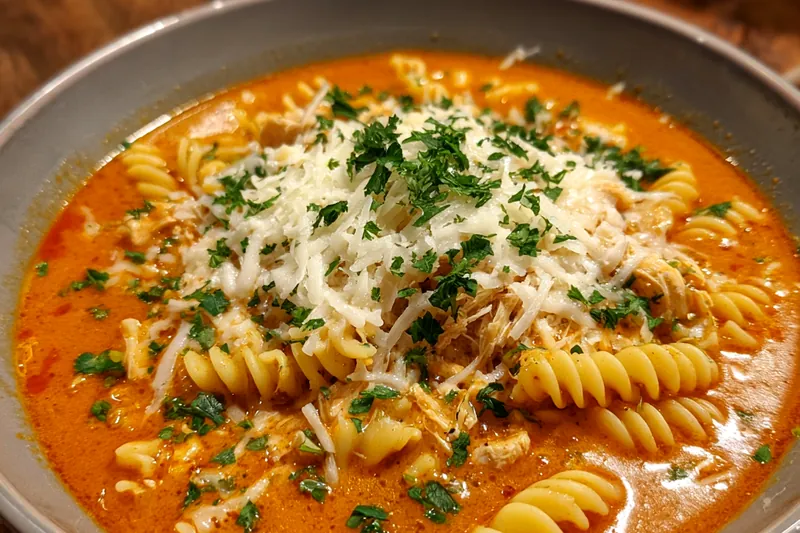 A beautifully arranged display of ingredients for Creamy Chicken Parmesan Soup including chicken, cheese, and spices.