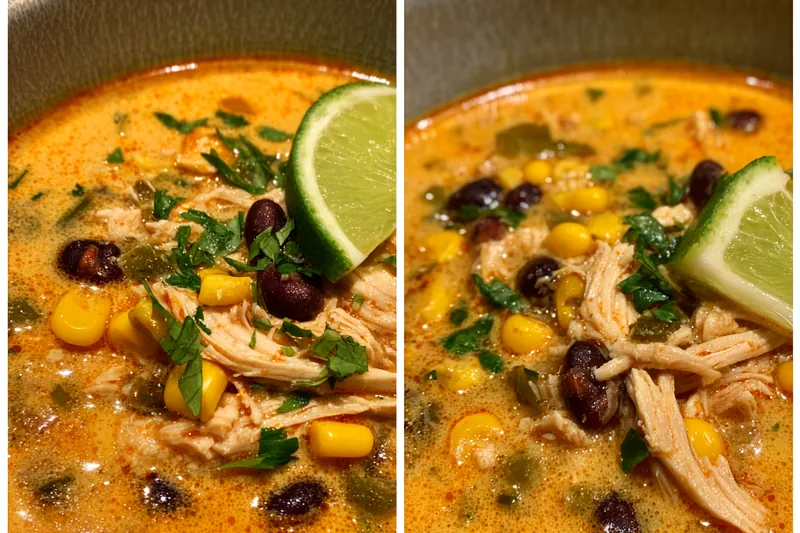 A pot of Creamy Chicken Poblano Black Bean Soup simmering on the stove