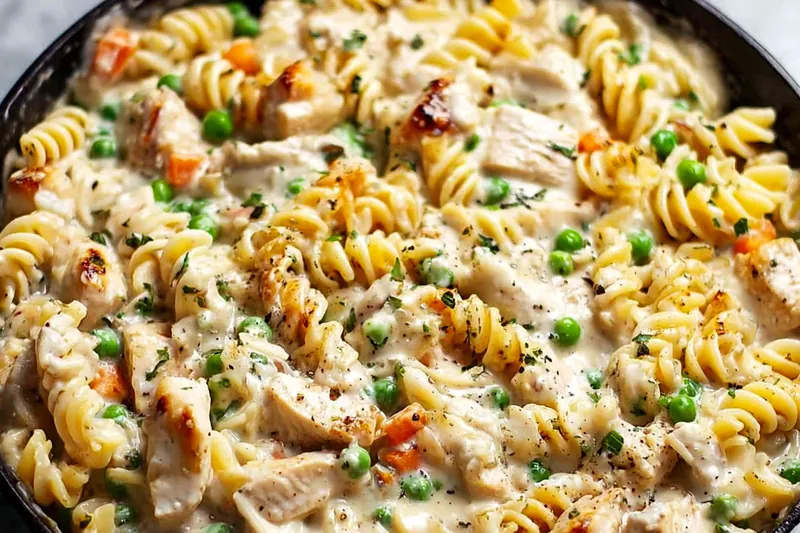 Creamy chicken pot pie pasta cooking in a large pot showing the cream sauce coating the pasta and vegetables, with steam rising from the surface