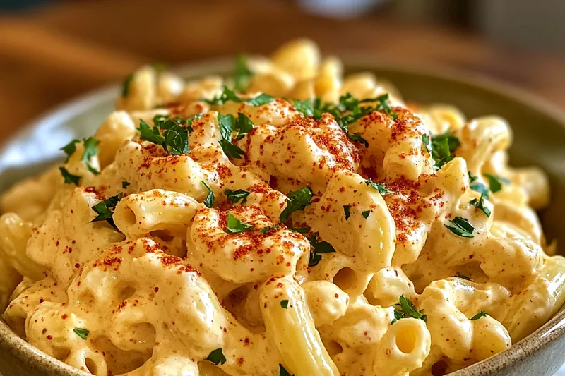 A step-by-step visual guide showing the cooking and assembly process of Classic Creamy Macaroni Salad.