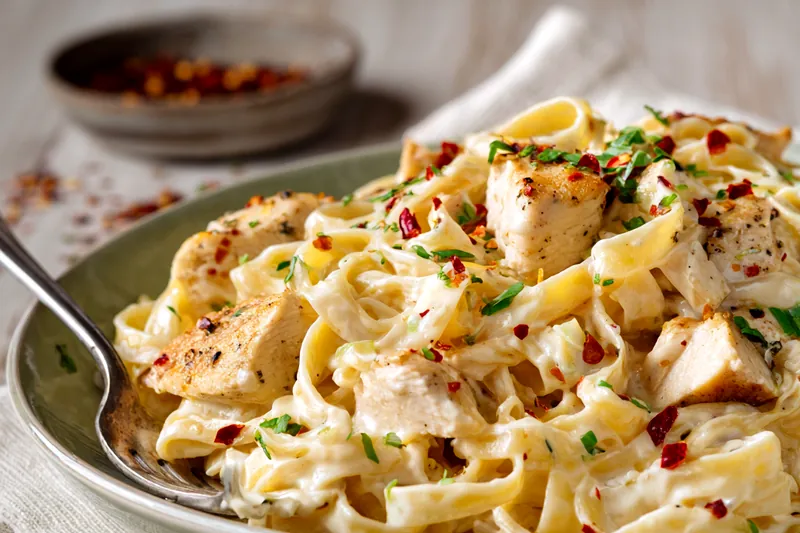 Creamy fettuccine being tossed in a large skillet, showing the glossy sauce coating the noodles perfectly with steam rising