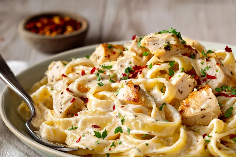 Ingredients for creamy fettuccine including fresh pasta, heavy cream, butter, Parmesan cheese, and garlic arranged on marble countertop