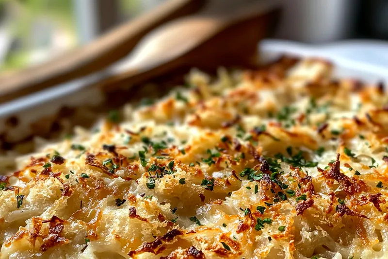 A step-by-step view of the cooking process for Creamy French Onion Chicken Orzo, highlighting the sautéing of onions and the final creamy mixture.