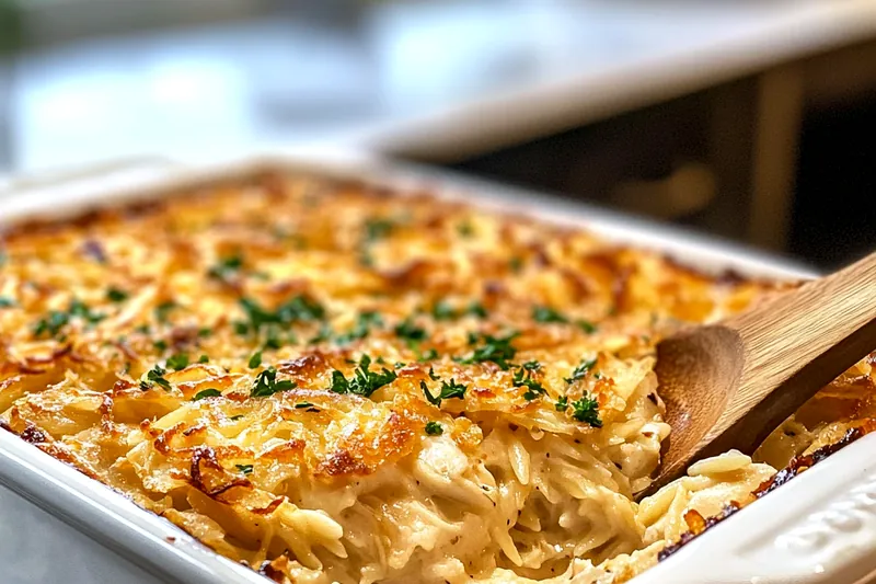 A beautifully arranged setup of fresh ingredients for Creamy French Onion Chicken Orzo, including onions, chicken, orzo pasta, and herbs.