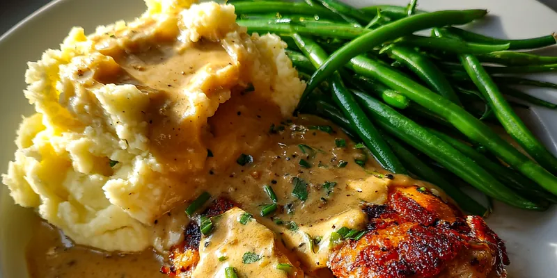 Delicious Creamy Garlic Chicken Dinner served on a plate