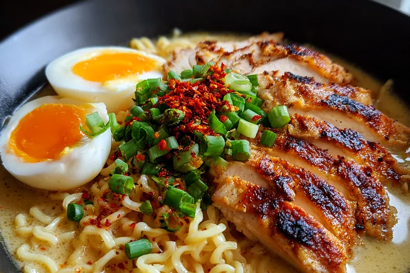 Fresh ingredients for Creamy Garlic Chicken Ramen