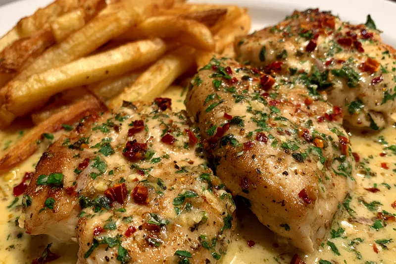 A vibrant display of fresh ingredients for Creamy Garlic Parmesan Chicken, including chicken, garlic, and herbs.