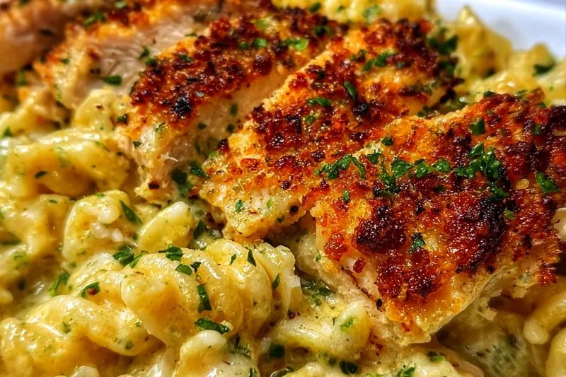 Golden chicken pieces sizzling in a skillet with creamy garlic Parmesan sauce being stirred, showing the perfect cooking technique