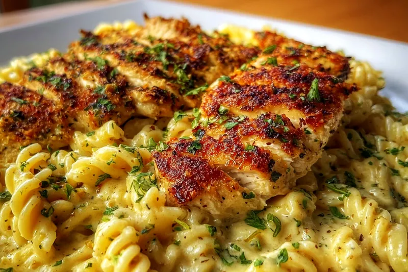 Fresh ingredients for creamy garlic Parmesan chicken pasta including raw chicken breast, pasta, heavy cream, fresh Parmesan, and garlic arranged on a marble surface
