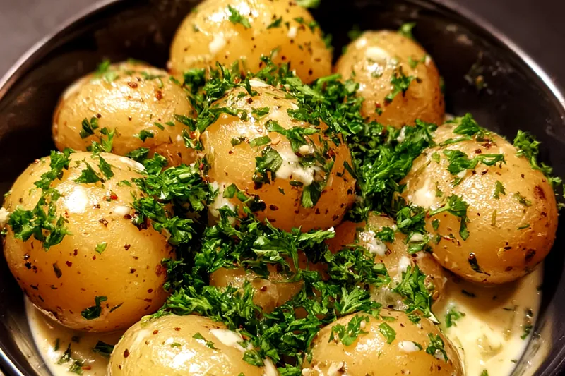 A skillet cooking creamy garlic sauce with baby potatoes added in.
