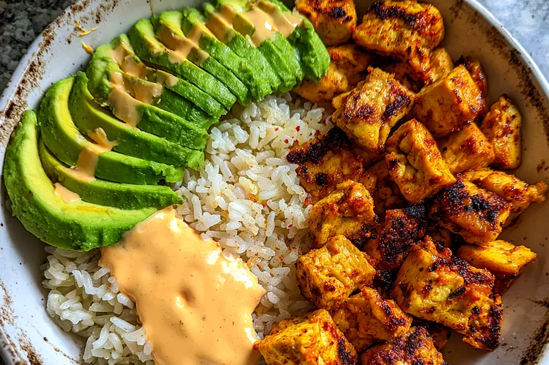 Cooking process for Creamy Golden Chicken and Avocado Rice Bowl