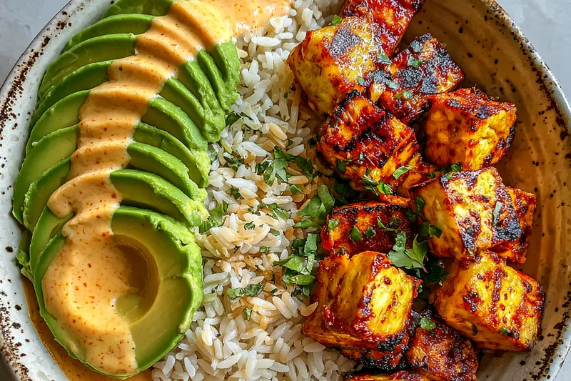 Fresh ingredients for Creamy Golden Chicken and Avocado Rice Bowl