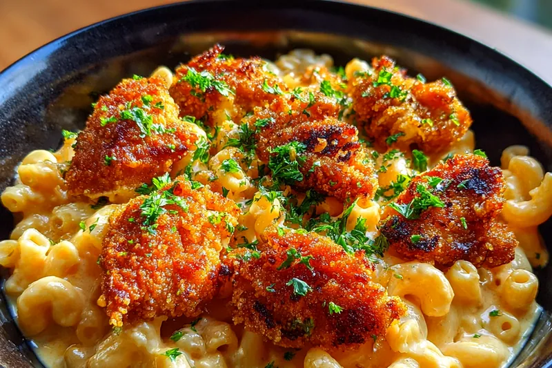 Chef stirring Honey Pepper Chicken Mac & Cheese in a large pot on the stove.
