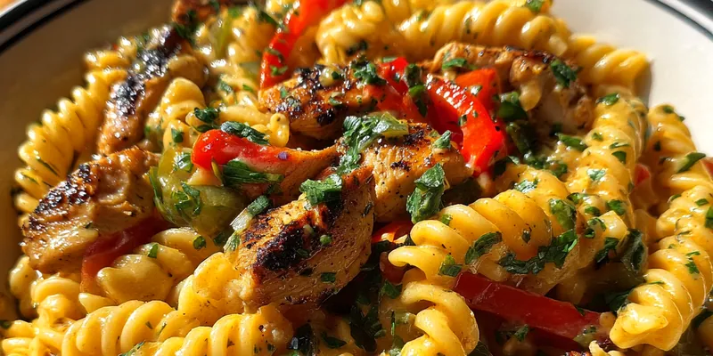 Delicious Creamy Jerk Chicken Pasta served on a plate