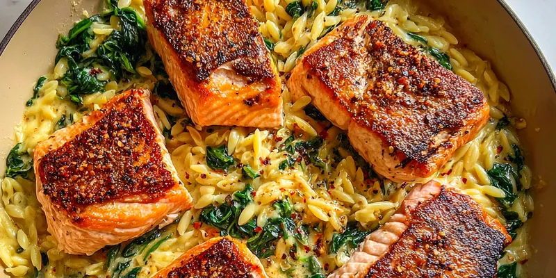 Delicious Creamy Pan-Seared Salmon Orzo with Spinach served on a plate