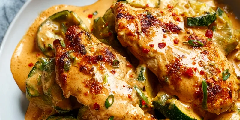 Creamy paprika chicken skillet with golden chicken pieces and tender zucchini in rich, red-tinted cream sauce, garnished with fresh parsley