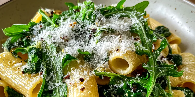 Delicious Creamy Pasta with Arugula & Grated Cheese served on a plate