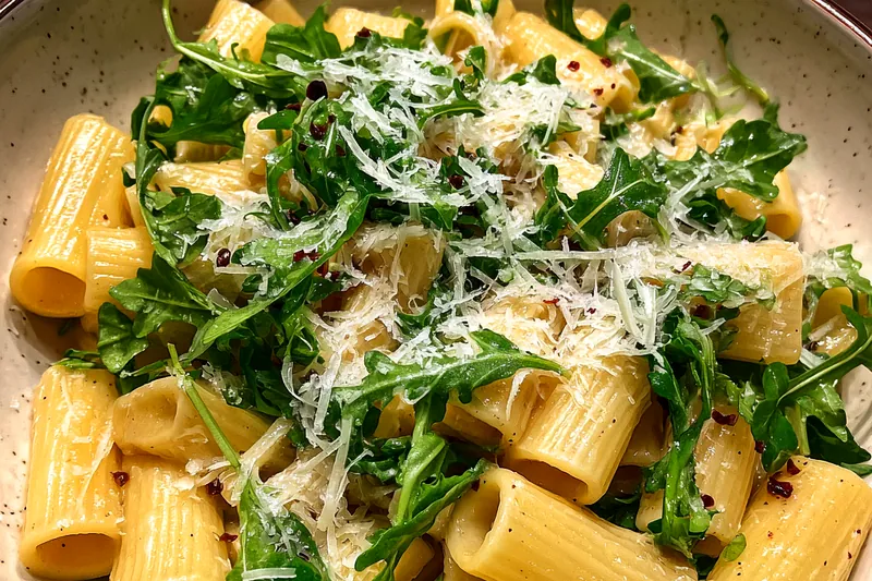 Fresh ingredients for Creamy Pasta with Arugula & Grated Cheese