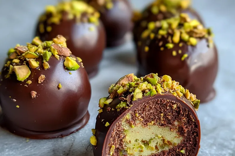 A close-up of the cooking process for Decadent Pistachio Chocolate Truffles, showing the melting chocolate and mixing.