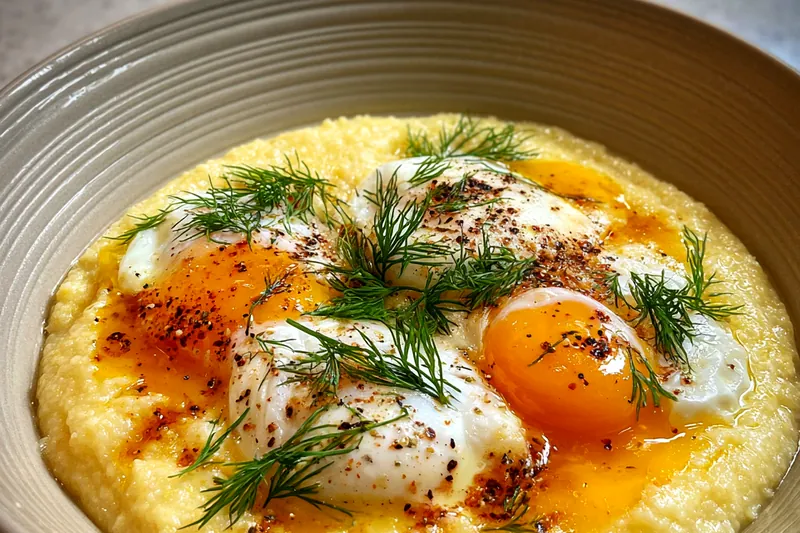A chef stirring creamy polenta in a pot, preparing to serve it with eggs.