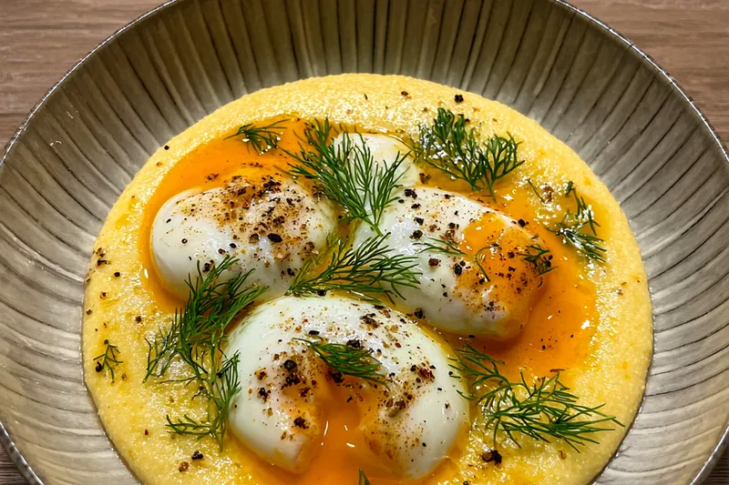 Ingredients for Silky Polenta with Eggs including polenta, eggs, cheese, and herbs arranged beautifully.