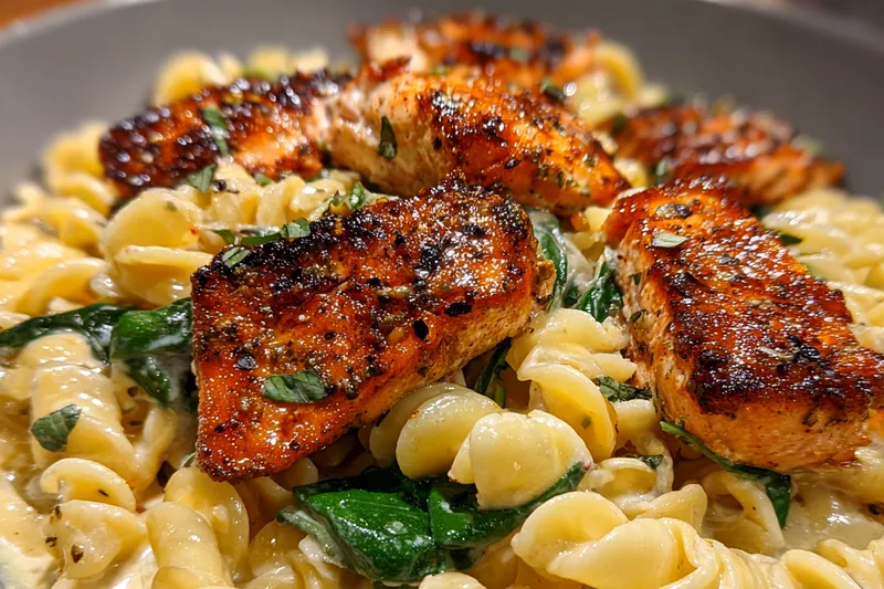 Cooking process for Creamy Salmon Florentine Pasta