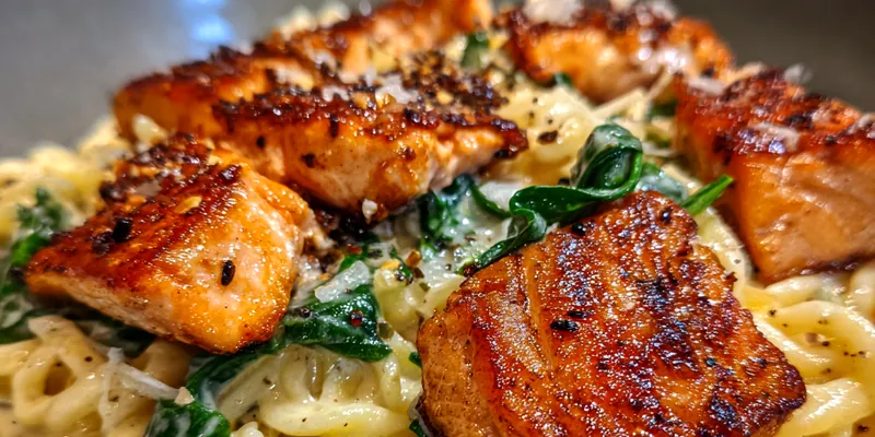 Delicious Creamy Salmon Florentine Pasta served on a plate