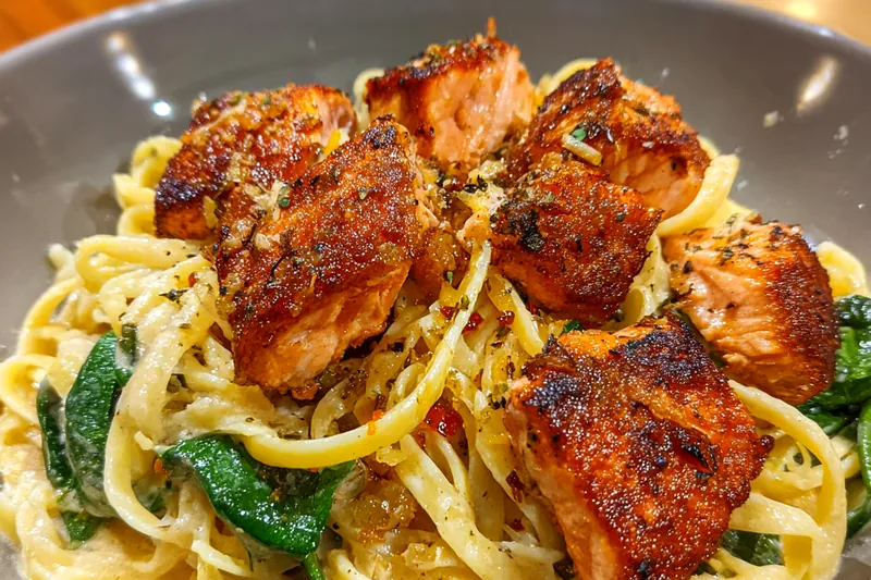 Fresh ingredients for Creamy Salmon Florentine Pasta