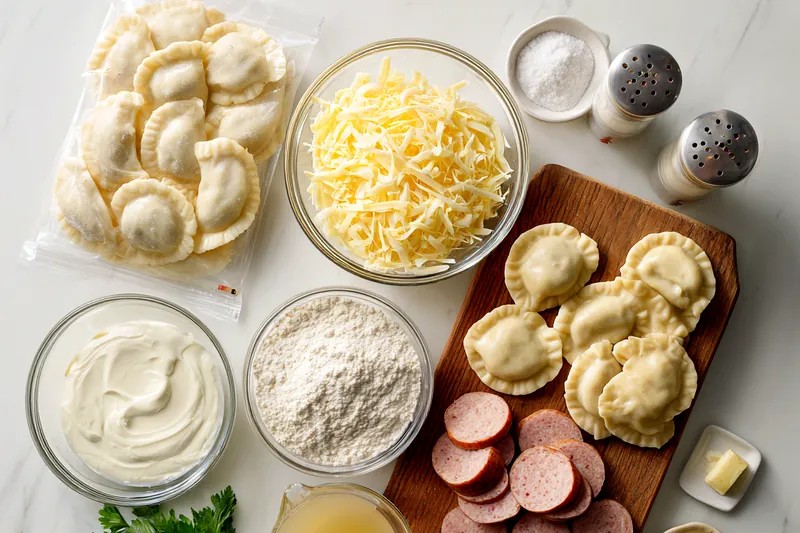 Close-up action shot of pierogies and sausage simmering in creamy sauce in a skillet, with melted cheese being sprinkled on top, steam rising, and a wooden spoon stirring