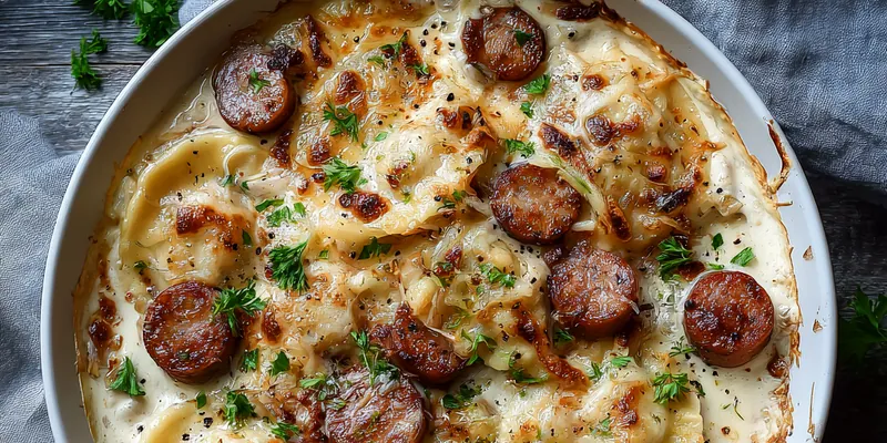 Overhead view of a white ceramic skillet filled with golden-brown pierogies and sliced sausage in creamy cheese sauce, garnished with parsley and black pepper on a rustic wood surface