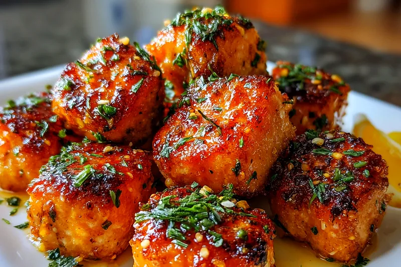 Golden crispy salmon bites frying in hot oil showing perfect bubbling and browning, with bang bang sauce being mixed in the background