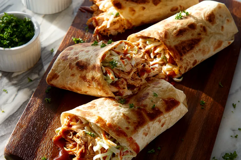 Action shot of hands using a spatula to flip a golden-brown BBQ chicken wrap on a hot griddle, showing the crispy tortilla with distinctive grill marks and melted cheese beginning to ooze from the edges
