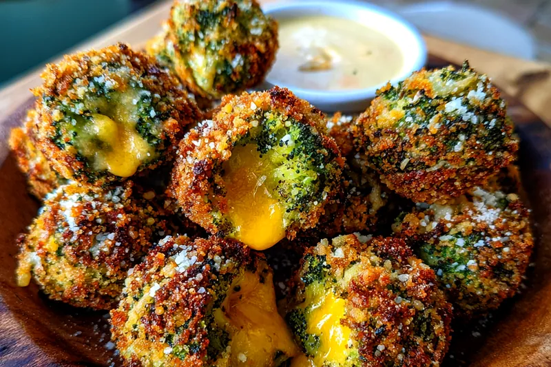 A skillet frying crispy broccoli cheese bites until golden brown.