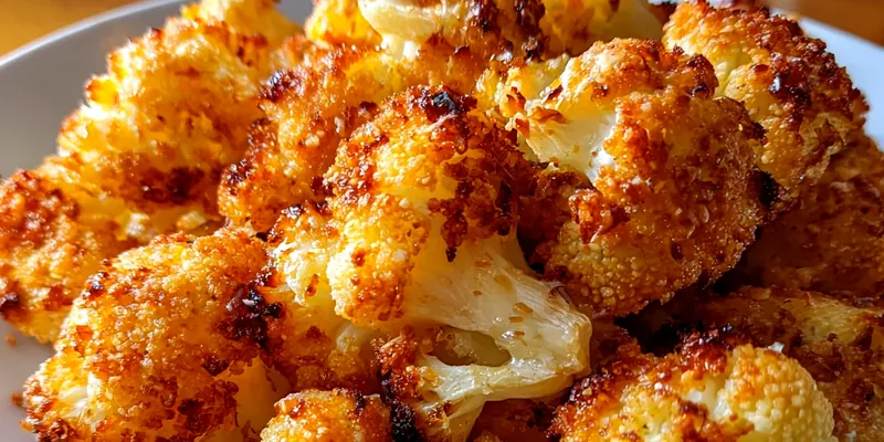 Golden-brown crispy cauliflower florets arranged on a white serving platter, garnished with fresh parsley and grated Parmesan cheese, with lemon wedges on the side