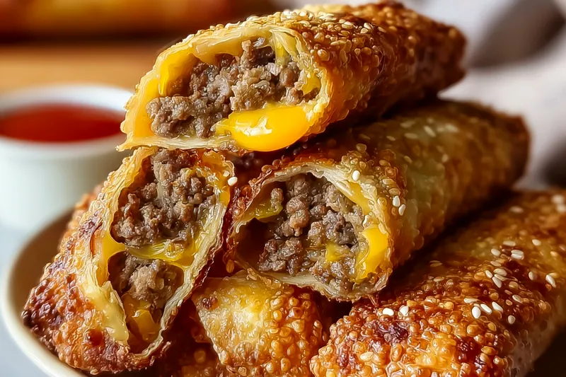 Overhead view of ingredients laid out on a marble countertop: ground beef in a bowl, pile of shredded cheddar cheese, stack of square egg roll wrappers, small dish of sesame seeds, diced onions, garlic cloves, bottles of ketchup and mustard