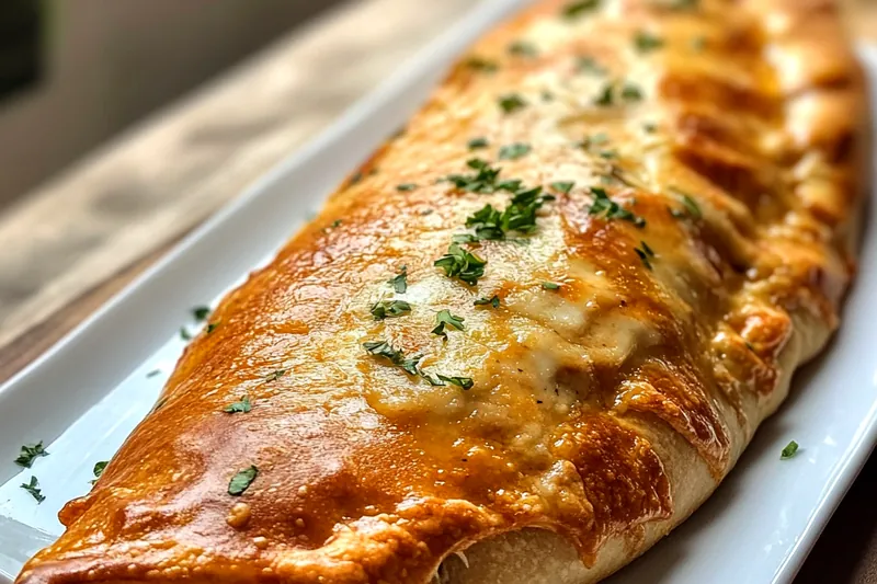 A beautifully golden Cheesy Chicken Alfredo Calzone being cut open to reveal the cheesy filling.