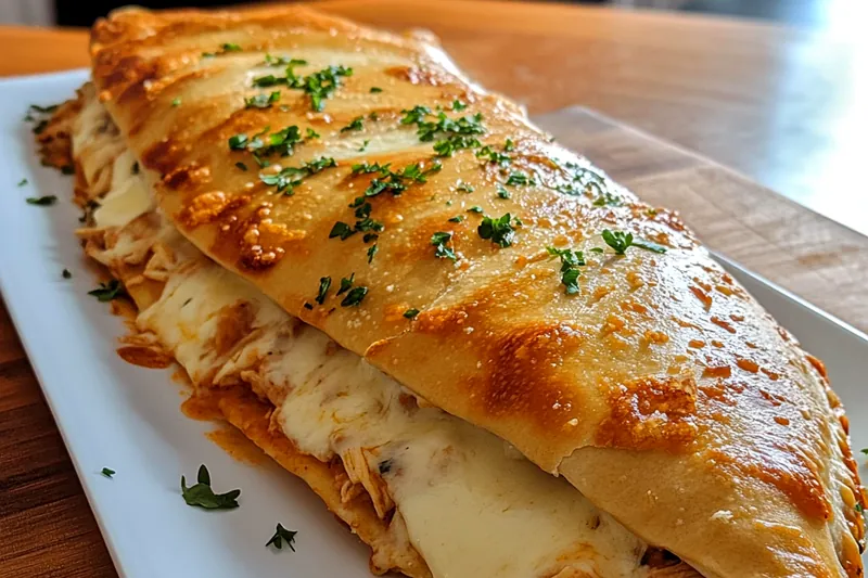A selection of fresh ingredients laid out for making Cheesy Chicken Alfredo Calzones, including chicken, cheese, and dough.