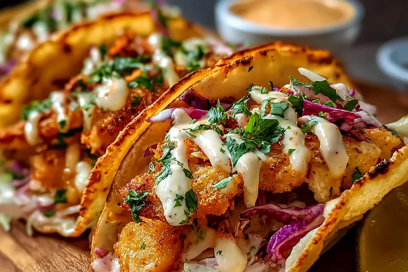 Fresh ingredients for fish tacos including white fish fillets, cabbage, limes, chipotle peppers, beer, and fresh cilantro arranged on a wooden board