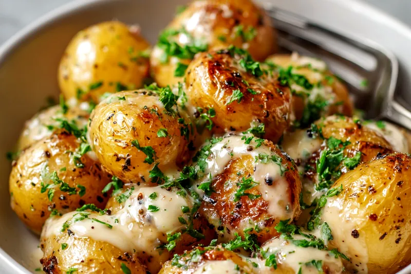 Overhead flat lay of raw halved baby gold potatoes, fresh garlic cloves, a block of parmesan cheese with a grater, olive oil in a glass bottle, fresh parsley, and small bowls of salt and black pepper on a white marble surface