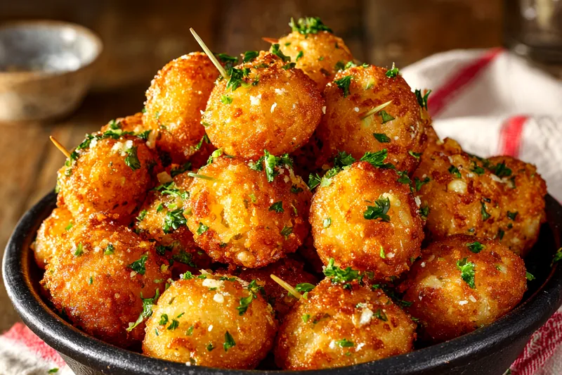 Action shot of golden-brown potato pops being fried in a skillet, with steam rising and a spatula turning them to reveal their crispy, glistening surface